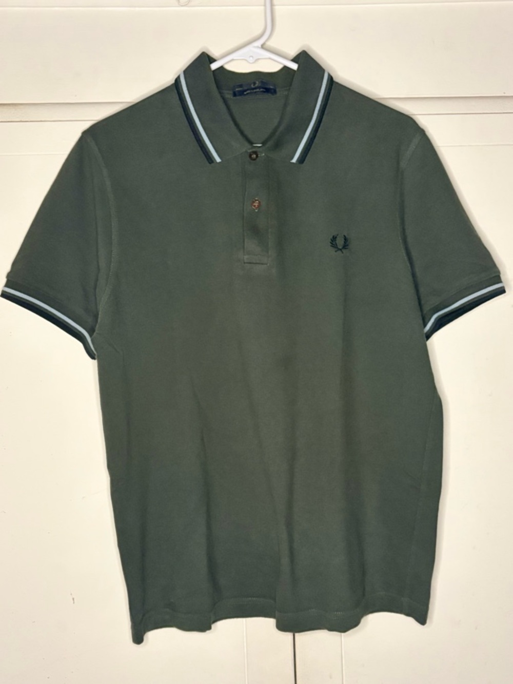 Fred Perry Olive Green Pique Polo with light blue and black piping